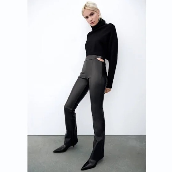 Zara Cut Out Faux Leather Flare Pants - Picture 3 of 10
